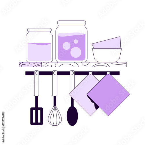 Shelf with jars and plates, kitchen utensils and napkins