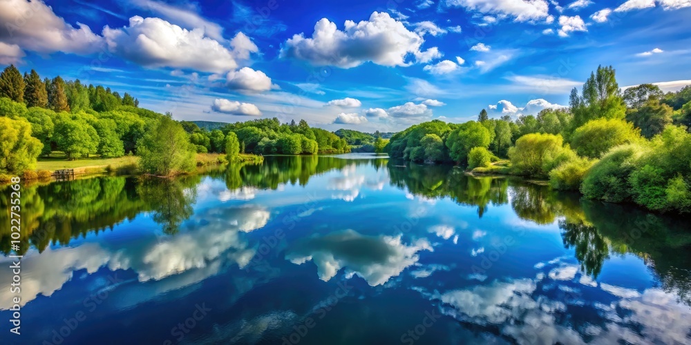Naklejka premium Serene Blue Skies Reflected in a Tranquil Lake Surrounded by Lush Greenery and Vibrant Nature