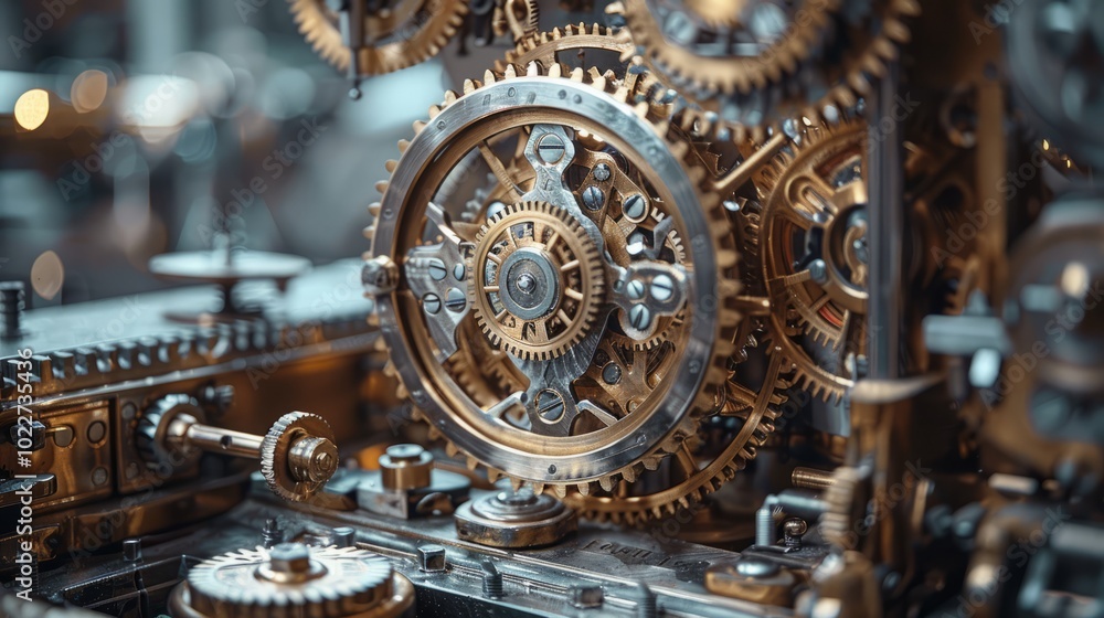 A close-up view reveals the elegant arrangement of brass gears and cogs in a vintage clock, illustrating the beauty of mechanical engineering and artistry A close-up view reveals the elegant arrangement of brass gears and cogs in a vintage clock, illustrating the beauty of mechanical engineering and artistry
