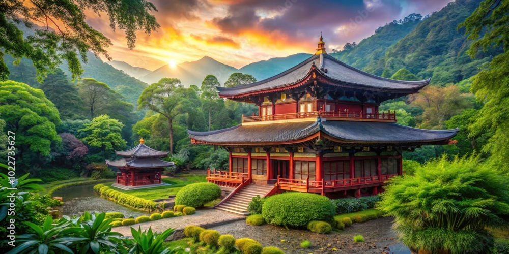 Obraz premium Serene Buddhist Temple Surrounded by Lush Greenery and Tranquil Atmosphere for Peaceful Reflection