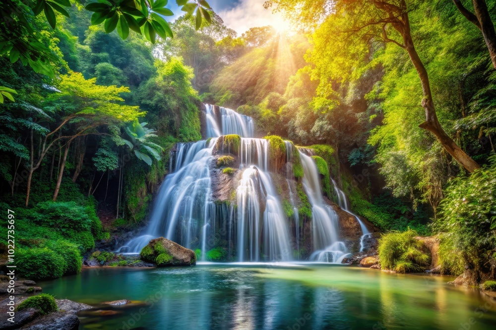Obraz premium Serene Cascading Waterfall Surrounded by Lush Greenery in a Tranquil Natural Landscape Scene