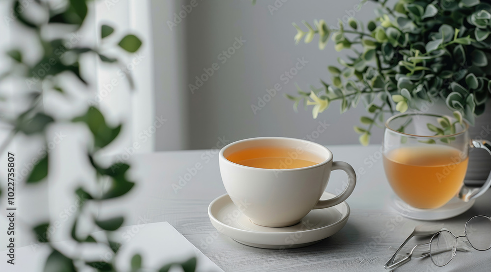 A light grey table with a potted plant with green leaves, a cup of tea and a pair of glasses. The composition is minimalistic and organized, creating a calm and productive workspace atmosphere. A light grey table with a potted plant with green leaves, a cup of tea and a pair of glasses. The composition is minimalistic and organized, creating a calm and productive workspace atmosphere.