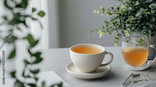 Wallpaper Mural A light grey table with a potted plant with green leaves, a cup of tea and a pair of glasses. The composition is minimalistic and organized, creating a calm and productive workspace atmosphere. Torontodigital.ca