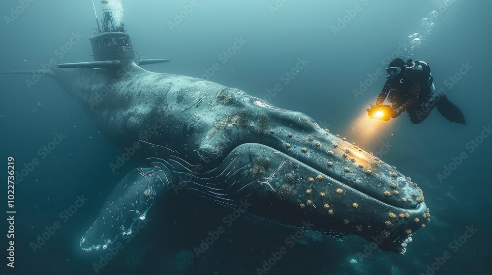 Naklejka premium Deep underwater, a diver encounters a submarine disguised as a whale, showcasing advanced camouflage techniques for military use in covert operations.