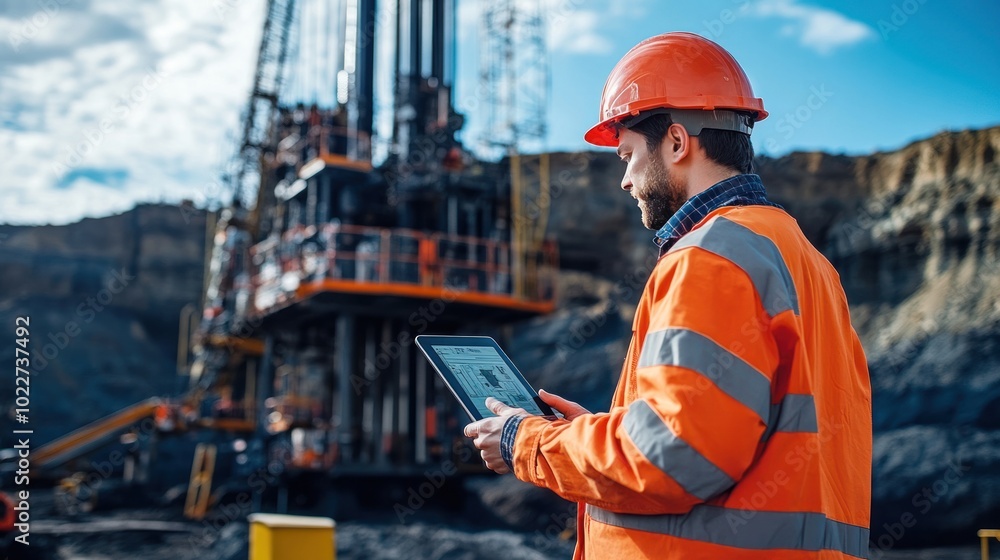A fully automated drilling rig being monitored via tablet, with the operator controlling drilling speed and depth in real-time A fully automated drilling rig being monitored via tablet, with the operator controlling drilling speed and depth in real-time