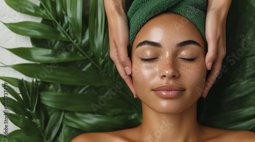 A serene spa treatment with a woman receiving a facial massage, surrounded by lush green leaves. Her face glows with tranquility and relaxation, promoting wellness and self-care.