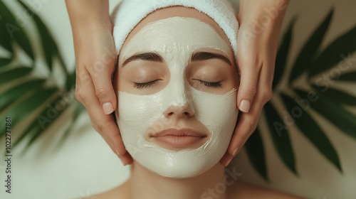 A serene woman enjoying a facial treatment with a soothing mask, hands gently applying skincare. Green leaves in the background add a touch of nature and tranquility.