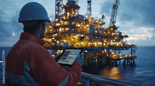 A gas and oil rig controlled by an operator with a tablet interface, highlighting the shift toward remote and digital rig management photo