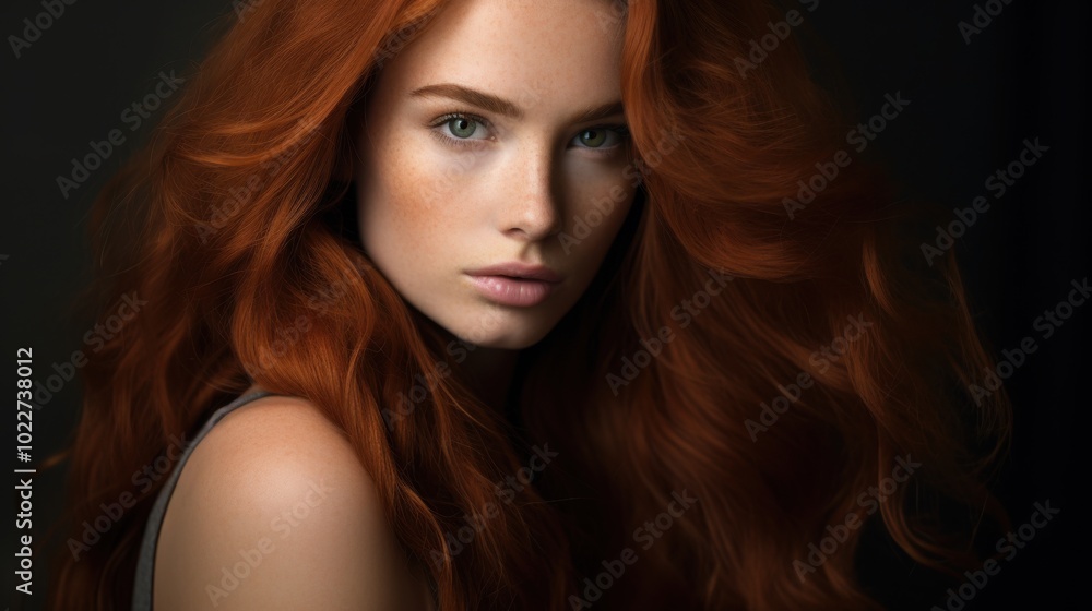 Obraz premium Close-up portrait of a woman with striking red hair cascading in soft waves, her gaze intense and captivating in a dramatic composition.