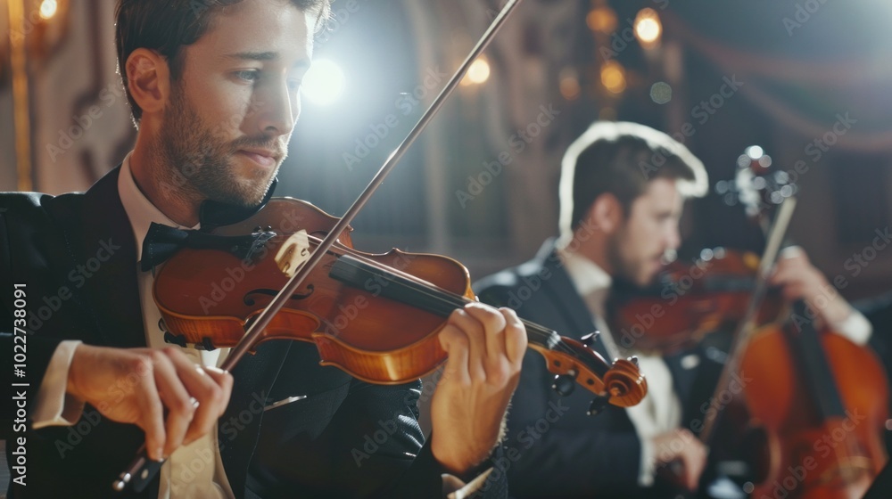 Fototapeta premium A man is playing a violin in front of a spotlight