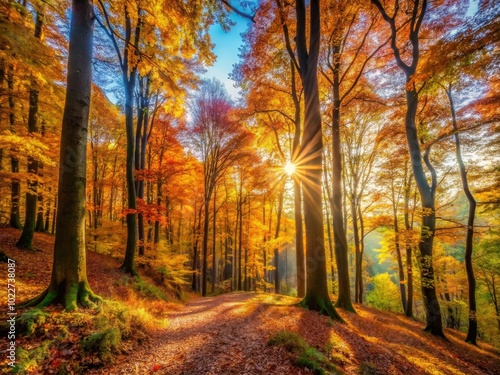 Serene Forest Landscape During Autumn with Vibrant Foliage and Sunlight Filtering Through Trees