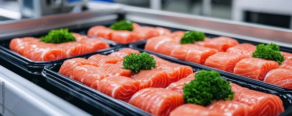 Fresh Salmon Fillet Packaged in Black Trays Fresh Salmon Fillet Packaged in Black Trays