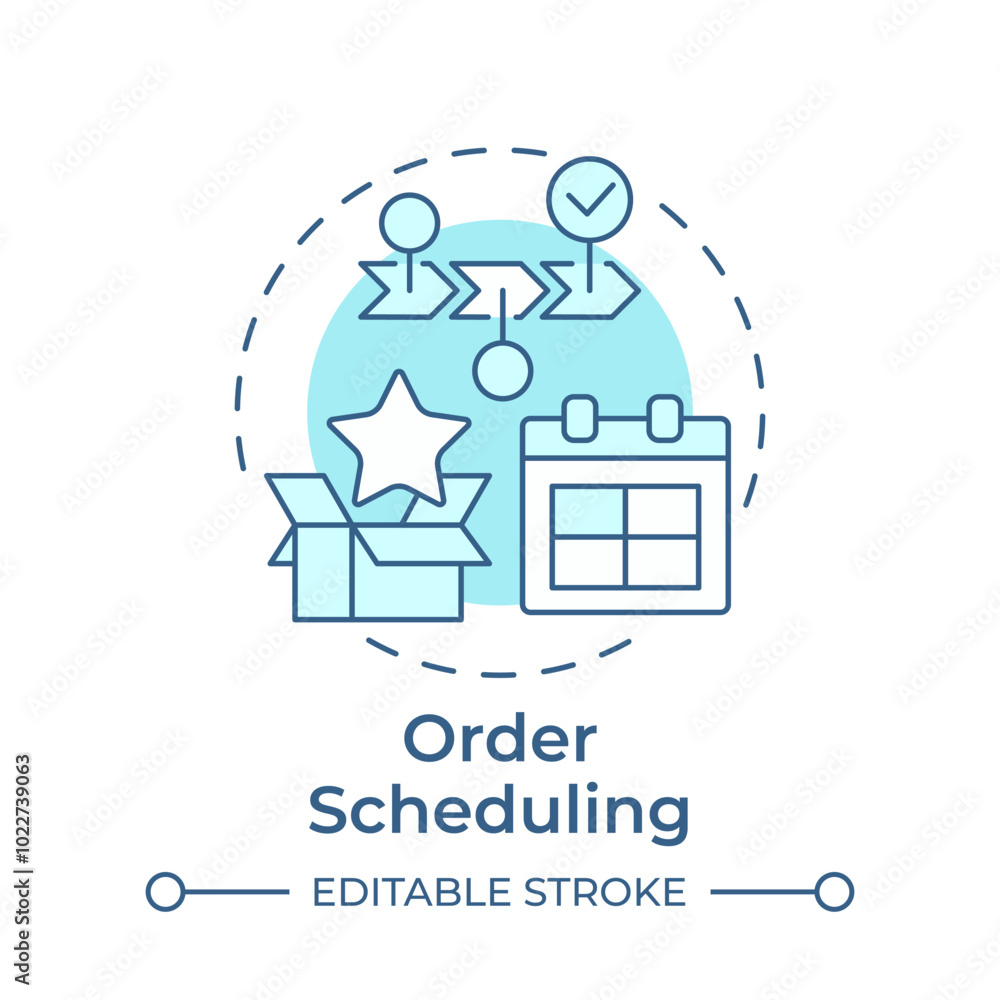 Order scheduling soft blue concept icon. Task processing. Workflow planning, processing. Round shape line illustration. Abstract idea. Graphic design. Easy to use in infographic, presentation Order scheduling soft blue concept icon. Task processing. Workflow planning, processing. Round shape line illustration. Abstract idea. Graphic design. Easy to use in infographic, presentation