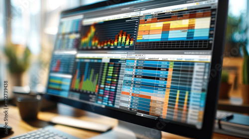 Wallpaper Mural A detailed digital spreadsheet interface displayed on a modern computer screen, The spreadsheet includes organized data cells with neatly formatted row and columns. Several colorful graphs and charts. Torontodigital.ca