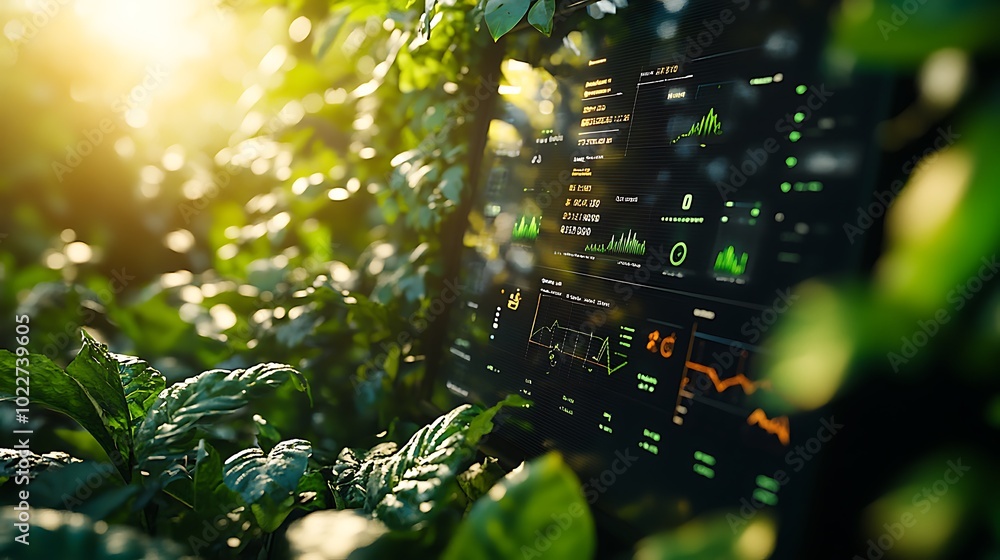 Obraz premium A close-up of a smart garden management control panel, showing detailed graphs and charts of garden conditions, touch-sensitive buttons, digital display with vibrant colors,