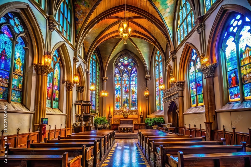 Serene Interior of a Historic Church Featuring Stained Glass Windows and Elegant Architectural Details Serene Interior of a Historic Church Featuring Stained Glass Windows and Elegant Architectural Details