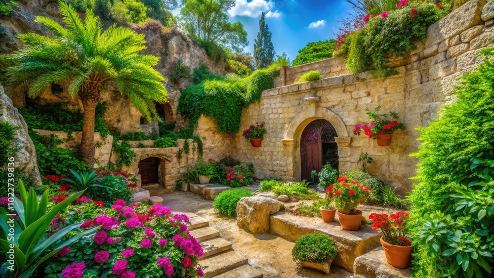 Fototapeta premium Serene Interior of the Garden Tomb Surrounded by Natural Stone and Lush Greenery in Jerusalem