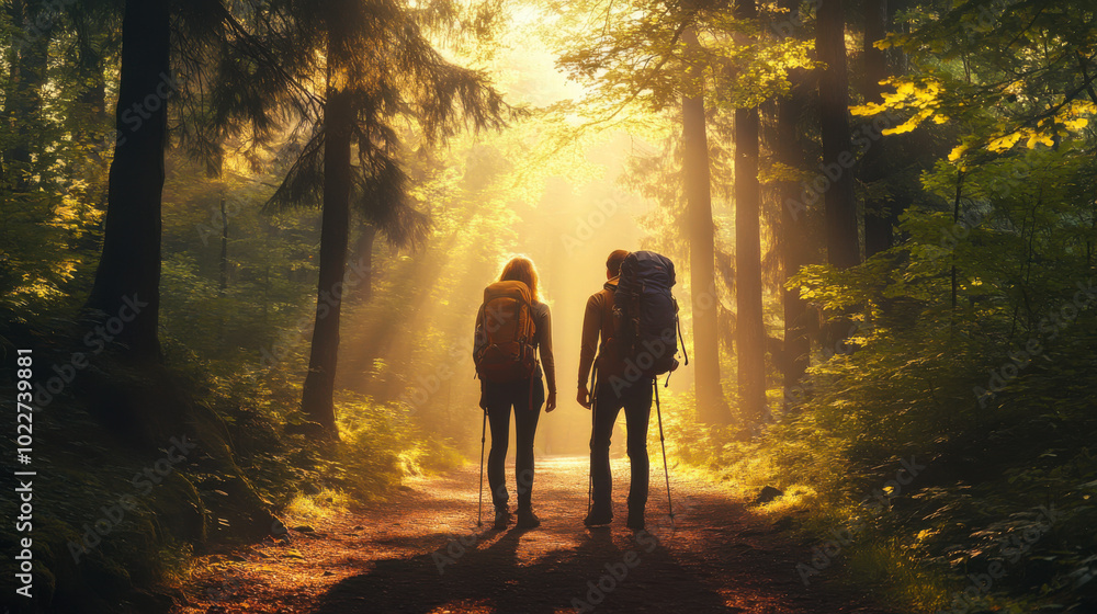 Couple hiking together in a sunlit forest surrounded by trees and greenery during a tranquil afternoon in nature