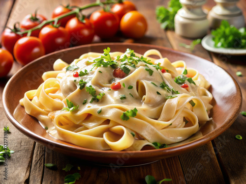 Delicious fettuccine pasta covered in rich creamy sauce, garnished with fresh herbs, served on wooden table with ripe tomatoes in background