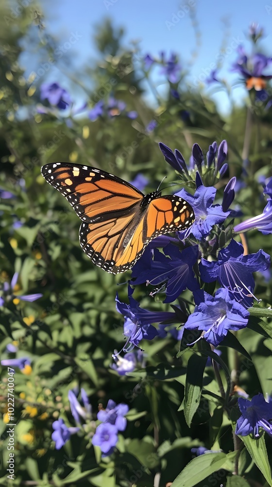Obraz premium Butterfly on blue flower courtesy Betsy Staples ai generated art