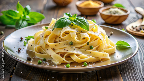 Delicious fettuccine pasta is beautifully arranged on plate, garnished with fresh basil and sprinkled with pepper and salt, creating inviting and appetizing dish