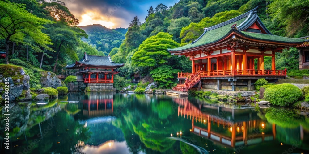 Naklejka premium Serene Kifune Shrine in Kyoto Surrounded by Lush Greenery and Tranquil Waterways in Japan