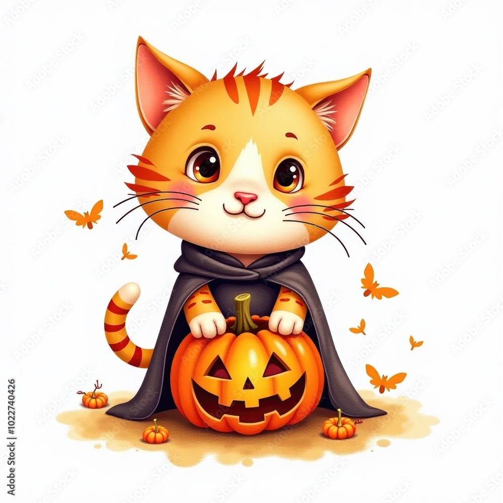 cat with pumpkin isolated halloween illustration in watercolor style. cute character jack-o-lantern cat with pumpkin isolated halloween illustration in watercolor style. cute character jack-o-lantern
