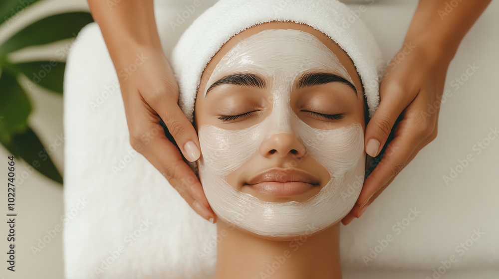 A woman enjoys a relaxing facial treatment with a soothing mask and gentle hand massage, promoting wellness and beauty.