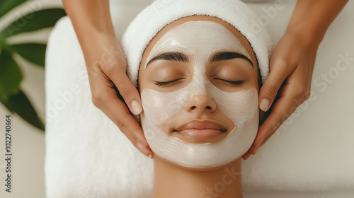 Obraz na płótnie A woman enjoys a relaxing facial treatment with a soothing mask and gentle hand massage, promoting wellness and beauty. w salonie