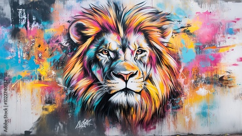 Lion graffiti on a wall with vibrant splashes of color photo