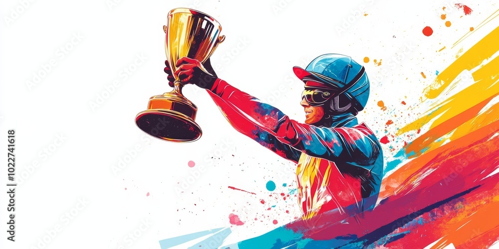 Fototapeta premium Minimalist Background of Geelong Cup Race: Jockey Silhouette and Racing Icon Isolated on a Blue Sky with Wet Sand