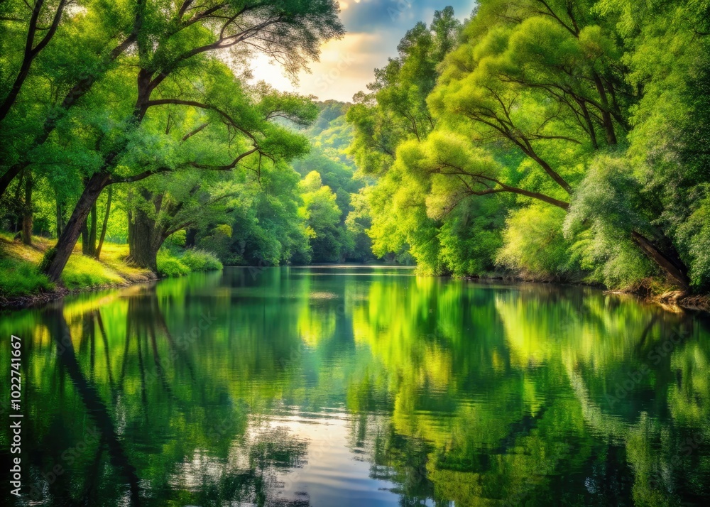 Serene Landscape of a Lush Green River Surrounded by Vibrant Trees and Reflections on Water Serene Landscape of a Lush Green River Surrounded by Vibrant Trees and Reflections on Water
