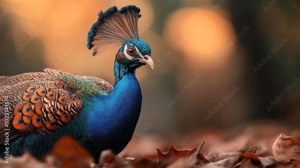 Close-up of a vibrant peacock with iridescent blue and green feathers, featuring an elaborate crest. The background is softly blurred with autumnal leaves in the foreground. Close-up of a vibrant peacock with iridescent blue and green feathers, featuring an elaborate crest. The background is softly blurred with autumnal leaves in the foreground.