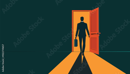 2025 concept art, goodbye concept,  new start , beginning opportunity . dark silhouette man - businessman walking  out of door.  - freedom life card poster  