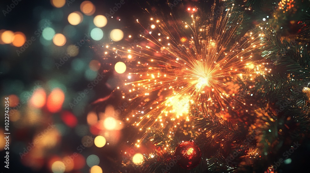 Obraz premium Festive New Year Celebration Background with Colorful Fireworks and Christmas Decorations