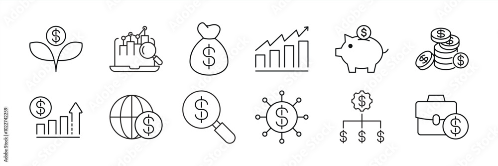 set of investment thin line icon. containing money management, market, economy, profit, asset, investor, financial icon collections. vector illustration set of investment thin line icon. containing money management, market, economy, profit, asset, investor, financial icon collections. vector illustration