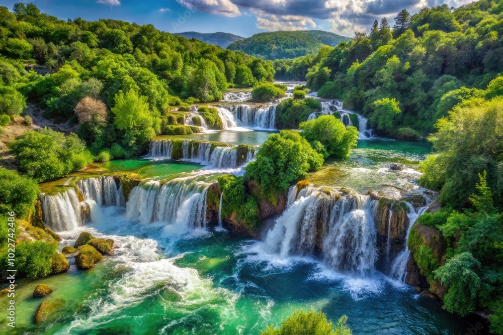 Serene Landscape of Krka River in Croatia Surrounded by Lush Greenery and Cascading Waterfalls Serene Landscape of Krka River in Croatia Surrounded by Lush Greenery and Cascading Waterfalls