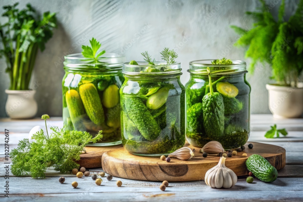 Minimalist Gewürzgurken Still Life: Crisp Pickles and Fresh Herbs for Culinary Inspiration Minimalist Gewürzgurken Still Life: Crisp Pickles and Fresh Herbs for Culinary Inspiration