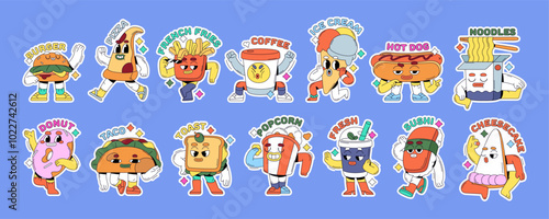 Fast food in groovy style set. Different fastfood characters have fun, smile. Funky retro stickers of drinks, burger, pizza, noodle, sushi, donut with happy faces. Flat isolated vector illustrations
