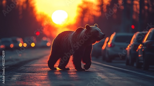 A lone brown bear walks down a city street at sunset, with cars blurred in the background.