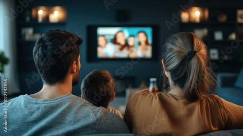 Family sitting on a sofa in a cozy living room watching a blurred TV screen, with ambient lighting and a dark blue interior decor.