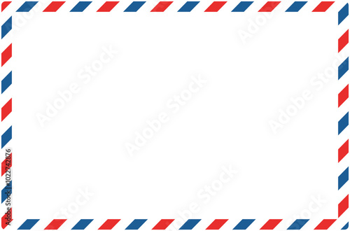 Airmail envelope frame. International vintage letter border. Diplomat size. Retro air mail with blue and red stripes. Blank correspondence paper template. Empty classic postal message illustration.