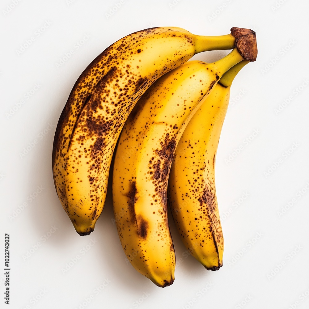 A bunch of ripe bananas with a slightly curved shape, white background A bunch of ripe bananas with a slightly curved shape, white background
