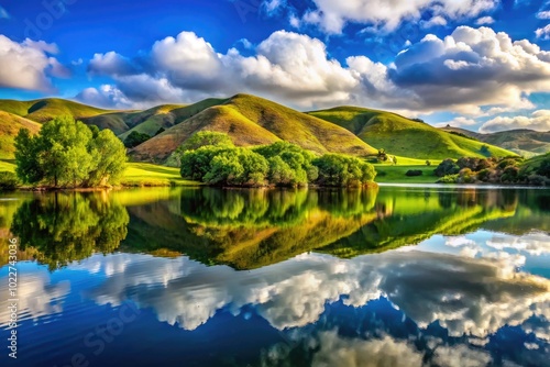 Serene Landscape of Otay Lakes County Park with Lush Green Hills and Reflective Water Surface photo