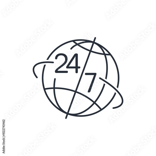 Globe with numbers 24/7. International business service available anywhere in the world, at any time.Vector linear icon illustration isolated on white background.