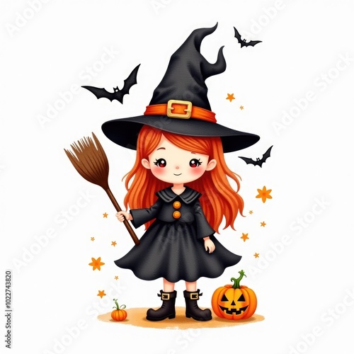 witch isolated halloween illustration in watercolor style. cute character