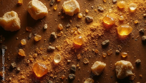 Textured background of gold dust, frankincense grains, and myrrh resin