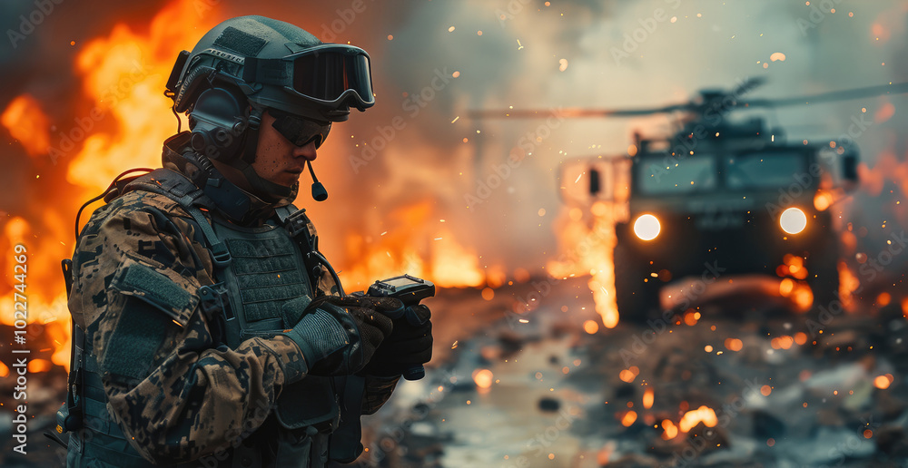 A special police uniform is leaning against an armored vehicle, operating a drone controller in his hand, surrounded by flames and smoke. A special police uniform is leaning against an armored vehicle, operating a drone controller in his hand, surrounded by flames and smoke.