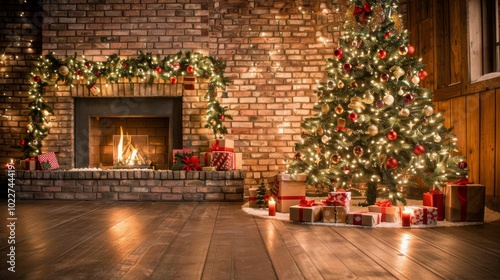 Cozy living room with a decorated Christmas tree, festive gifts, and a warm glow from the brick fireplace