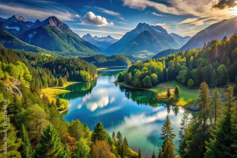 Fototapeta premium Serene Landscapes of Nature: Mountains, Forests, Lakes, and Vibrant Wildlife in Stunning Views